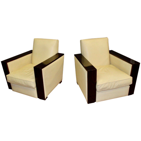 Coppia di poltrone Art Déco in palissandro e pelle beige