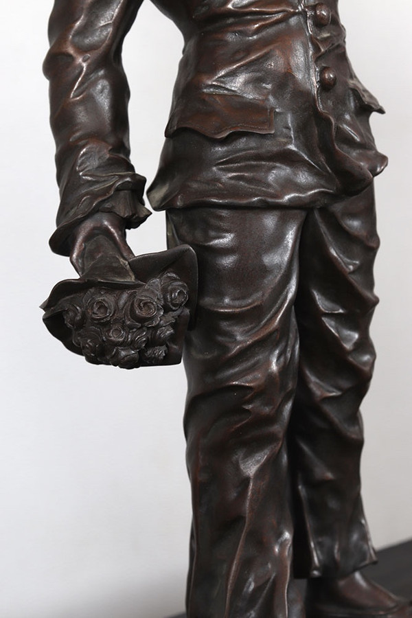 Bronze XIX°, 46 cm, signé : Charles ANFRIE 1833/1905, Pierrot troubadour