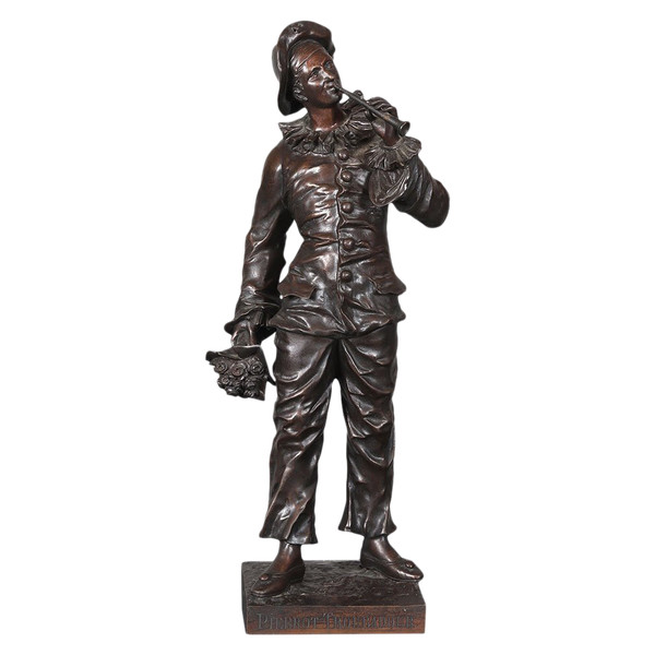 Bronze XIX°, 46 cm, signé : Charles ANFRIE 1833/1905, Pierrot troubadour