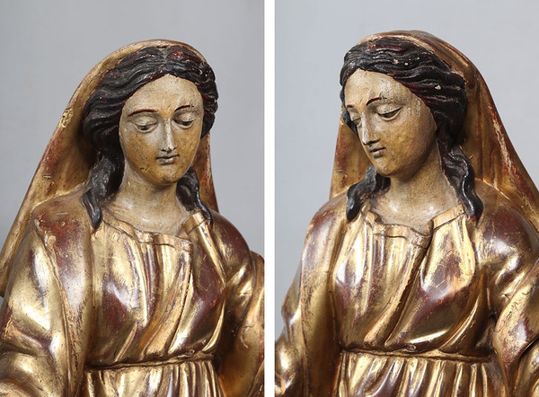 Large 18th century Virgin Mary, 67 cm, carved in gilded wood with gold leaf and polychrome.