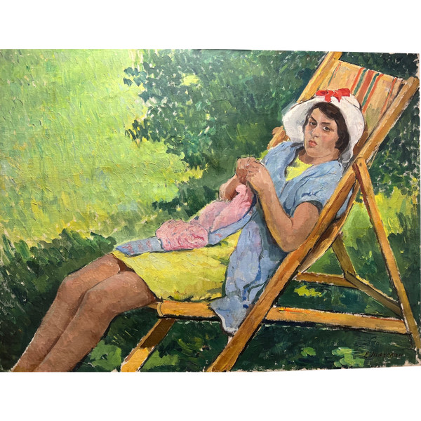 Gemälde Etienne MARCEAU 1871-1950 Postimpressionist elegante Schneiderin Öl auf Leinwand Provins