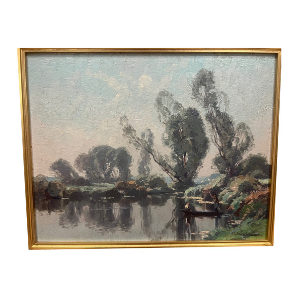 tableau Raymond URBAIN 1895-1962 Pêcheurs sur une barque Art LORRAIN 