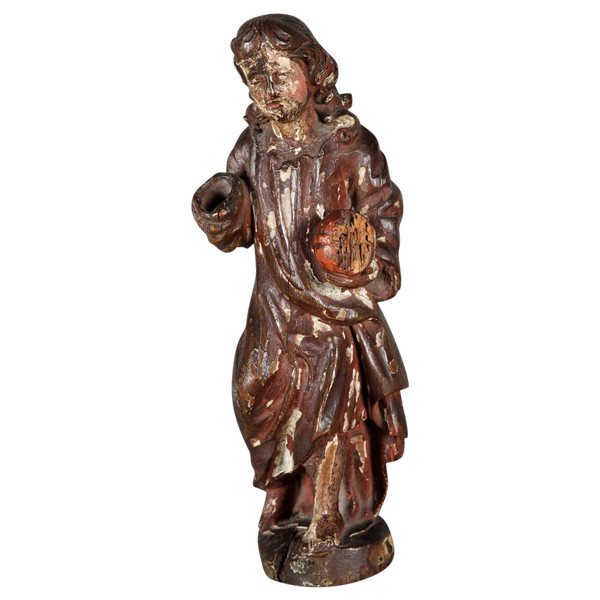 Skulptur, 29 cm, aus dem 17. Jahrhundert, aus polychromem Holz, Jesus hält den Reichsapfel