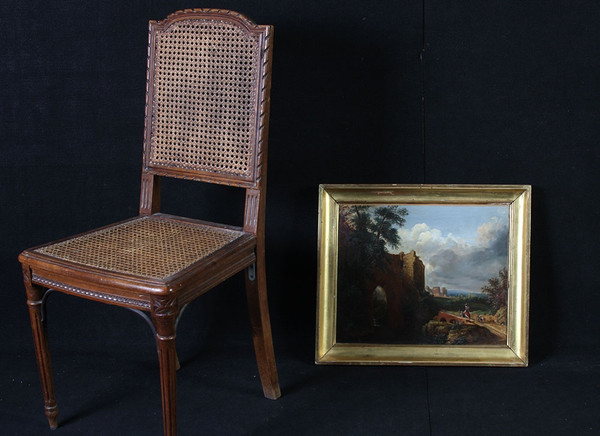 Paysage XIX ème siècle, Ecole Française, scène champêtre avec ruines 