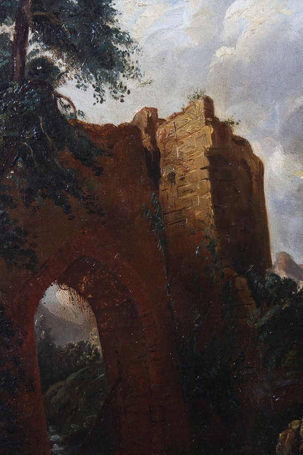 Paysage XIX ème siècle, Ecole Française, scène champêtre avec ruines 