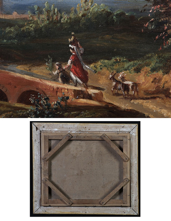 Paysage XIX ème siècle, Ecole Française, scène champêtre avec ruines 