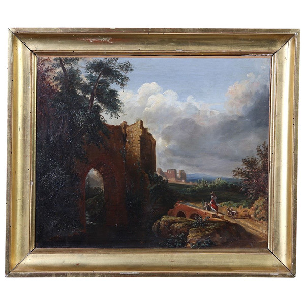 Paysage XIX ème siècle, Ecole Française, scène champêtre avec ruines 