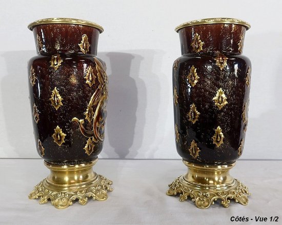 Coppia di vasi in terracotta e bronzo, di E. Gilles - seconda metà del 19° secolo
