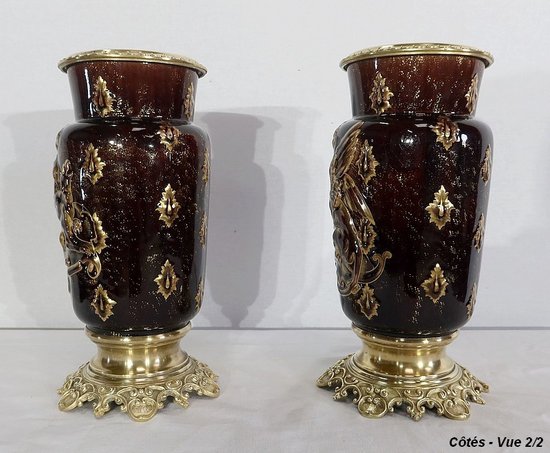 Coppia di vasi in terracotta e bronzo, di E. Gilles - seconda metà del 19° secolo