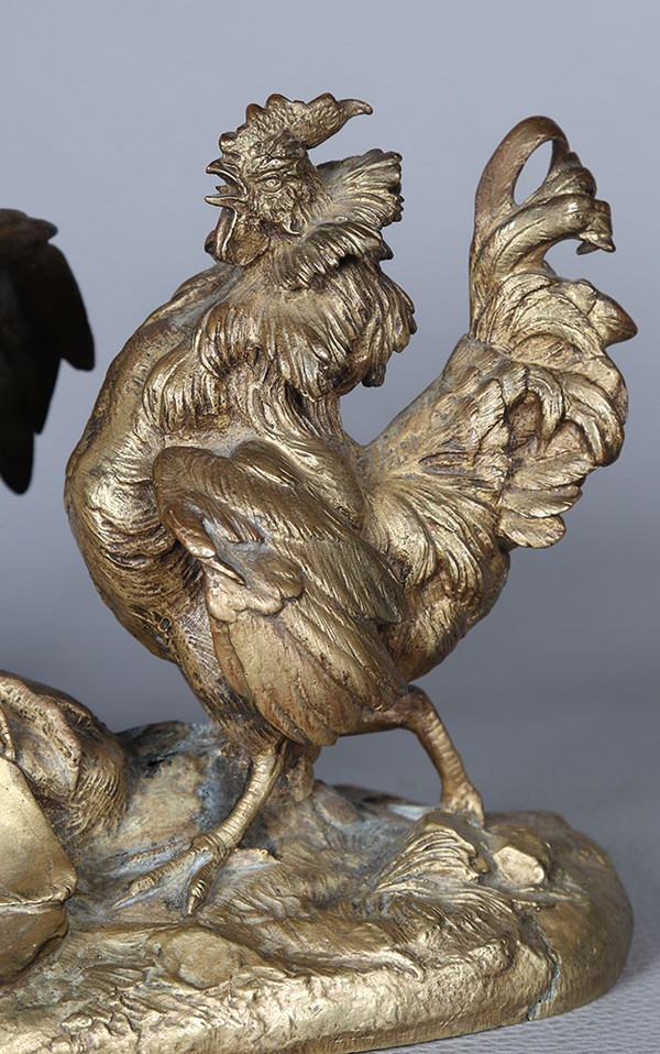 Bronze XIX ème, à patine dorée, Le Dindon et le coq