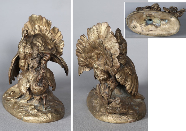 Bronze XIX ème, à patine dorée, Le Dindon et le coq