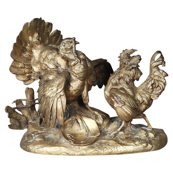Bronze XIX ème, à patine dorée, Le Dindon et le coq