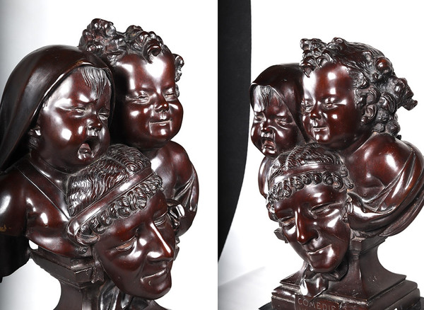 Bronzo XIX secolo, 61 cm, firmato Jean Barnabé AMY 1839/1907, La Commedia Umana