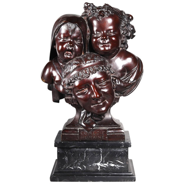 Bronzo XIX secolo, 61 cm, firmato Jean Barnabé AMY 1839/1907, La Commedia Umana