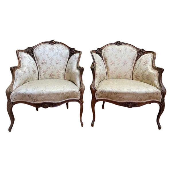Paire de fauteuils bergères rocailles Louis XV