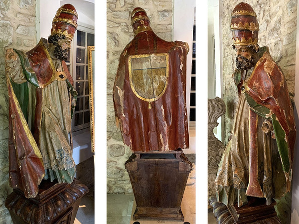 Sculpture XVII°, 195cm, du Papes Saint SIXTE II°, en bois polychrome, yeux en verre 