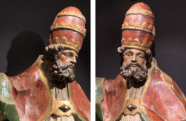 Sculpture XVII°, 195cm, du Papes Saint SIXTE II°, en bois polychrome, yeux en verre 