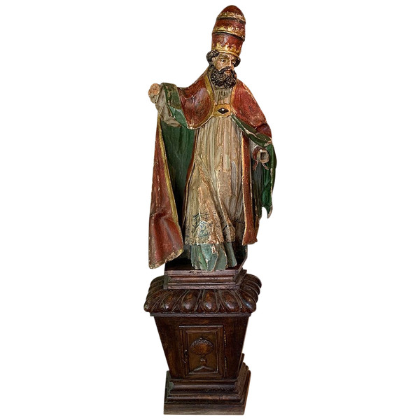 Sculpture XVII°, 195cm, du Papes Saint SIXTE II°, en bois polychrome, yeux en verre 