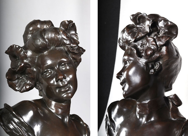 Bronzo XIX secolo, 63 cm, firmato: Charles Théodore PERRON 1862/1934, Busto di donna Scuola francese del XIX secolo