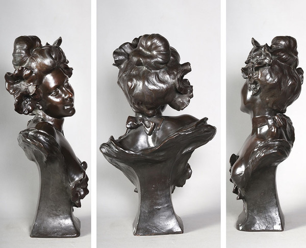 Bronzo XIX secolo, 63 cm, firmato: Charles Théodore PERRON 1862/1934, Busto di donna Scuola francese del XIX secolo