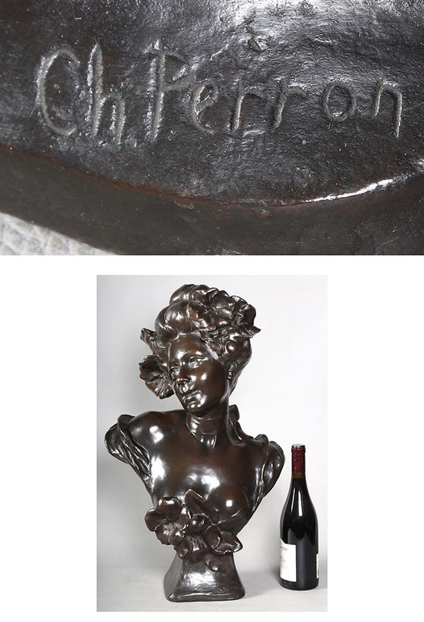 Bronzo XIX secolo, 63 cm, firmato: Charles Théodore PERRON 1862/1934, Busto di donna Scuola francese del XIX secolo
