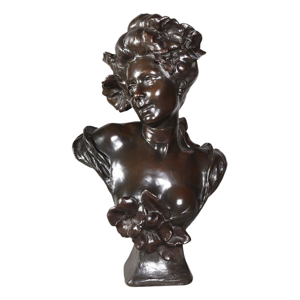 Bronzo XIX secolo, 63 cm, firmato: Charles Théodore PERRON 1862/1934, Busto di donna Scuola francese del XIX secolo