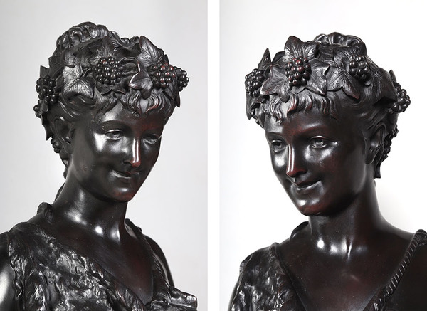 Bronze XIX ème, 50 cm, signé Jean BULIO 1827/1911, Bacchante, Allégorie du Printemps