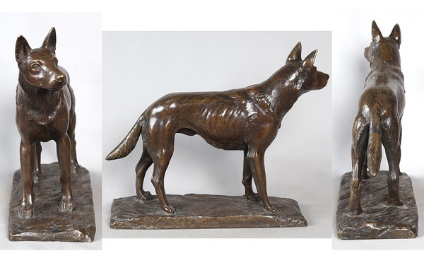 Bronzo del XIX secolo, firmato H. Hanggen o H. Hanssen, Cane da pastore