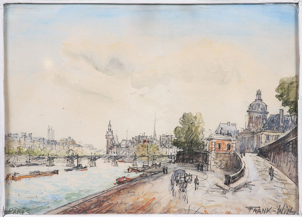 Frank Will (Frank Boggs), Parigi, Quai de Seine, Pont des Arts, acquerello