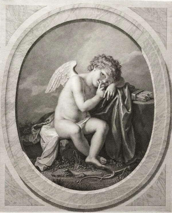Mythological Engraving Attention To You By Porporati Love Cupid 18th C Etching Old Print