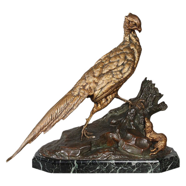19th century bronze, 53 cm, by Jules MOIGNIEZ 1835 / 1894, Pheasant and Shrew.
