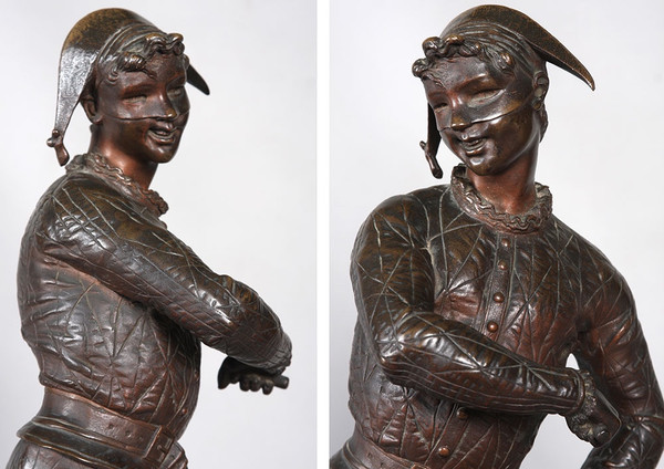 Bronzo XIX secolo, 54 cm, firmato Emile LAPORTE 1858/1907, Arlecchino