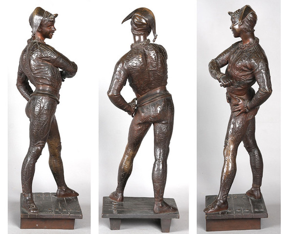 Bronzo XIX secolo, 54 cm, firmato Emile LAPORTE 1858/1907, Arlecchino