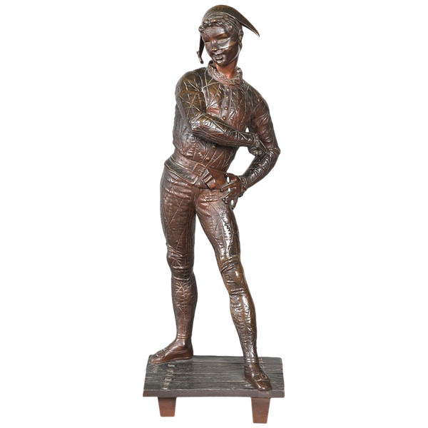 Bronzo XIX secolo, 54 cm, firmato Emile LAPORTE 1858/1907, Arlecchino