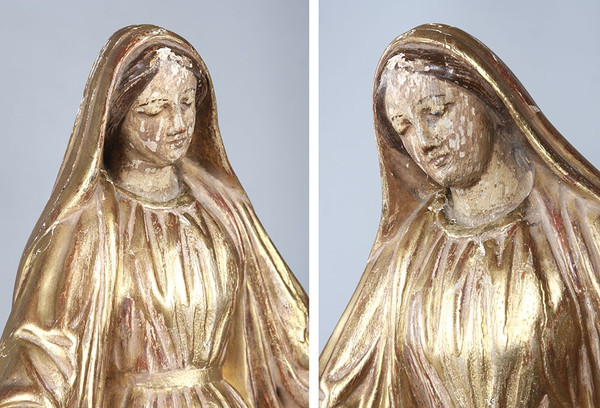 Vergine XVIII secolo, cm 60, scultura in legno dorato con foglia oro
