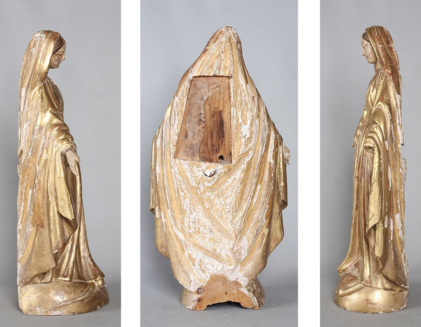 Vergine XVIII secolo, cm 60, scultura in legno dorato con foglia oro