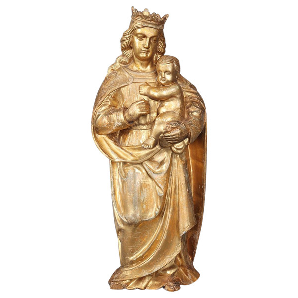 Crowned Virgin, 18th century, 56 cm, gilded wood sculpture with gold leaf