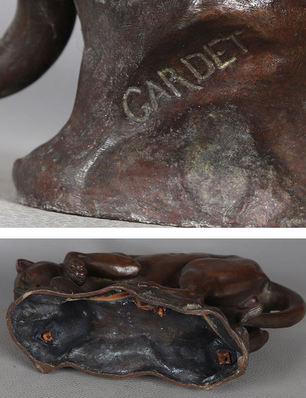Bronze circa 1900, Georges GARDET 1863/1939, Lioness hunting a Lizard