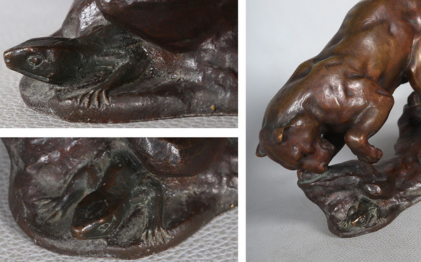 Bronze circa 1900, Georges GARDET 1863/1939, Lioness hunting a Lizard