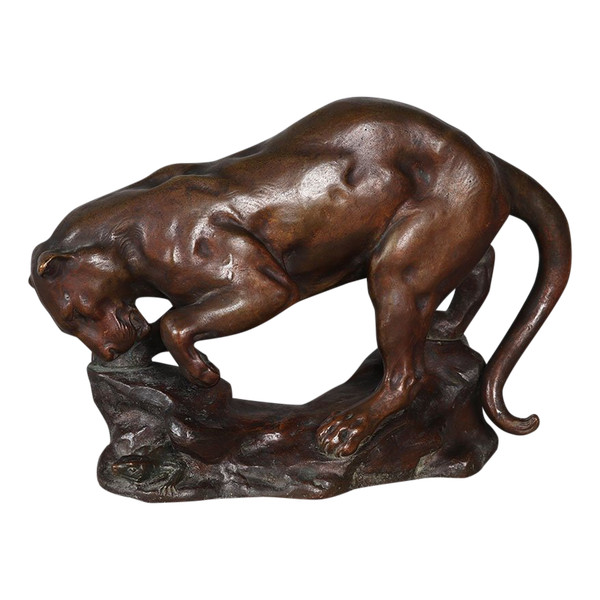 Bronze circa 1900, Georges GARDET 1863/1939, Lioness hunting a Lizard