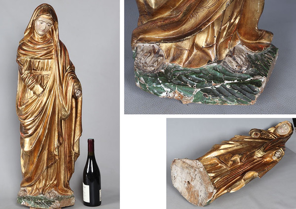 Large 18th century Virgin, 90 cm, gilded wood sculpture with gold leaf