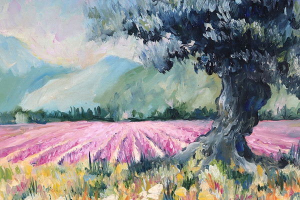 Paysage Provence, 80 x 64 cm, les lavandes, Sud de la France, École Française