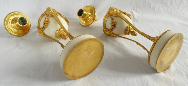 Pair of cassolettes with inverted candlesticks in gilded bronze and marble, Louis XVI style