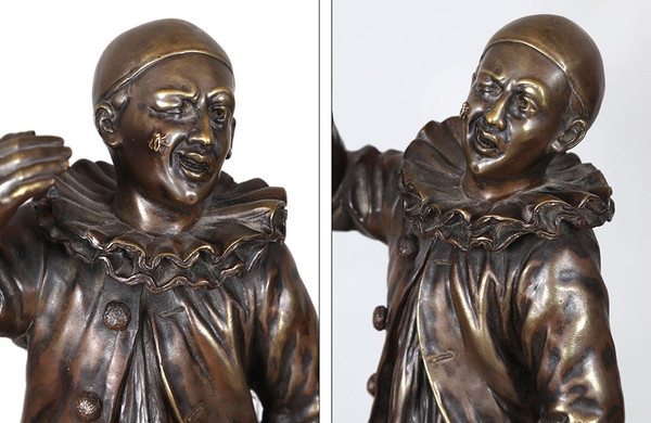 Bronzo della fine del XIX secolo, 37 cm, Emile ENGLER, Pierrot con una mosca