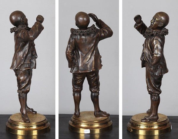 Bronzo della fine del XIX secolo, 37 cm, Emile ENGLER, Pierrot con una mosca