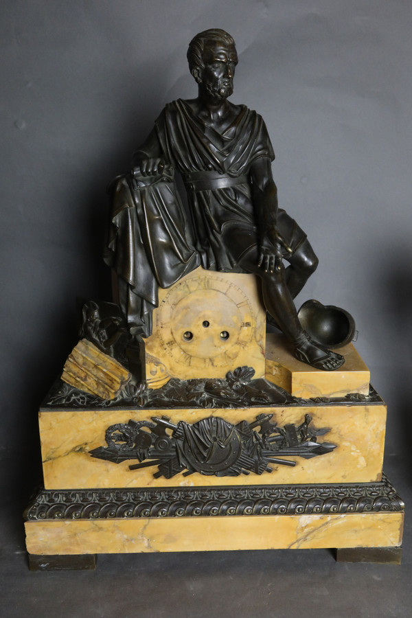 Siena marble clock and bronze cassolettes
