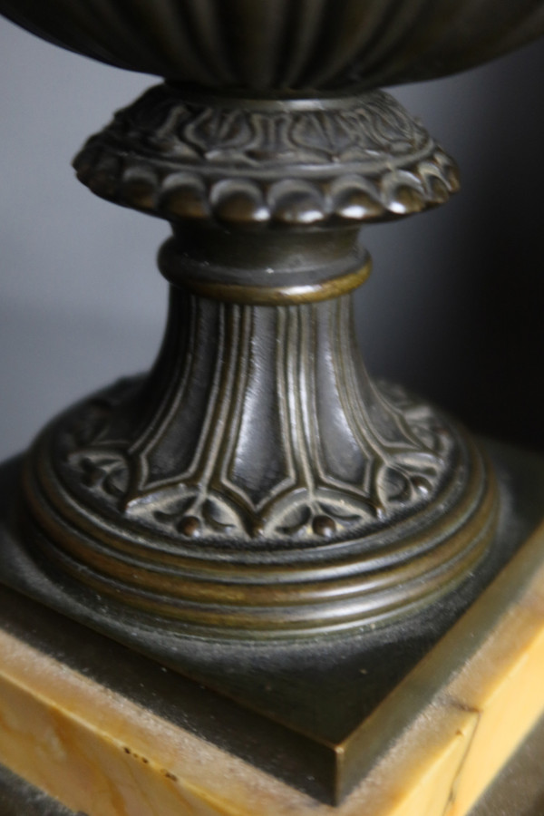 Siena marble clock and bronze cassolettes