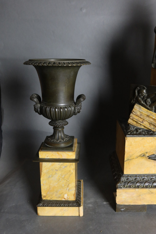 Siena marble clock and bronze cassolettes