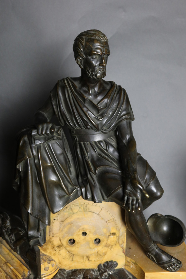 Siena marble clock and bronze cassolettes