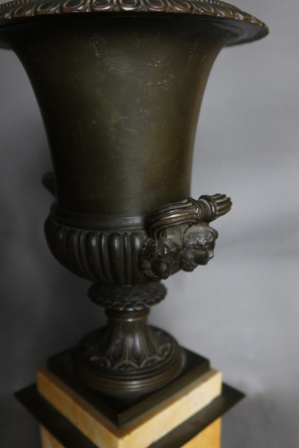 Siena marble clock and bronze cassolettes